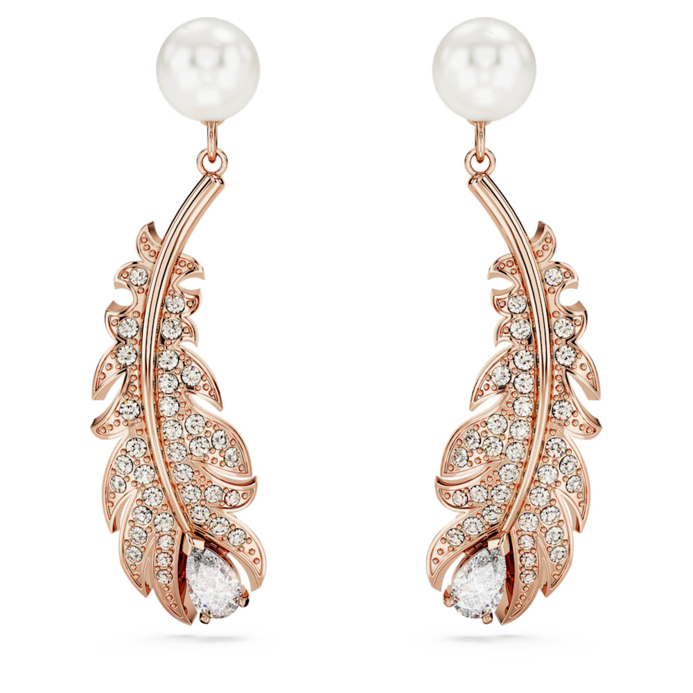 Nice drop earrings, Crystal pearl, Mixed cuts, Feather, White