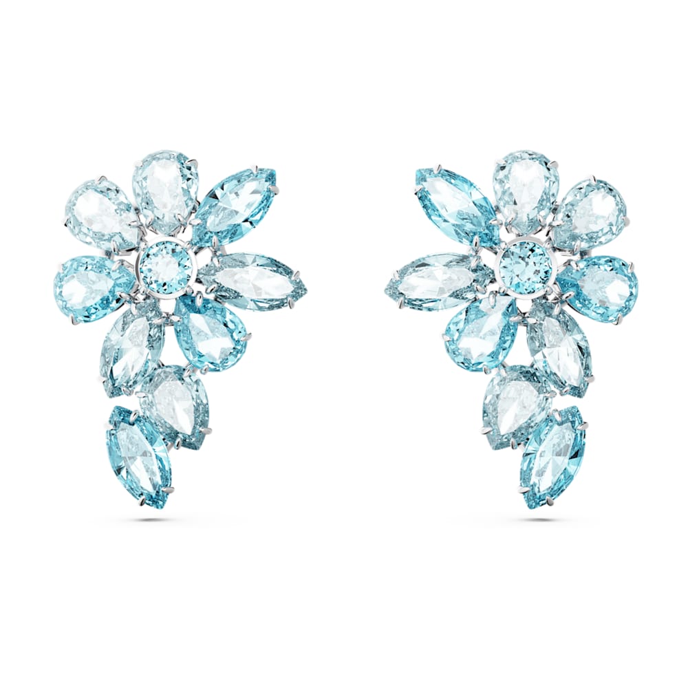Gema drop earrings, Mixed cuts, Flower, Blue, Rhodium plated | Swarovski