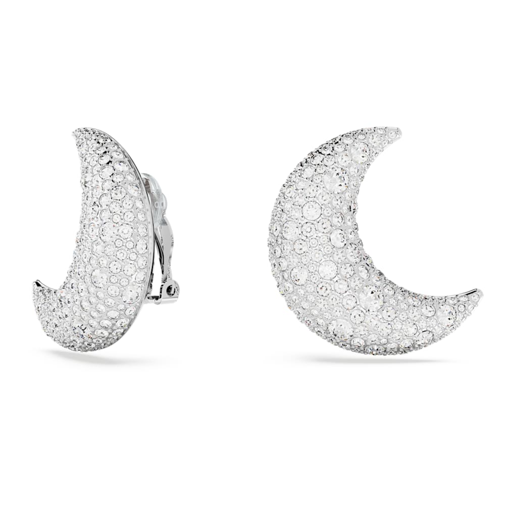 Luna clip earrings, Moon, White, Rhodium plated Swarovski