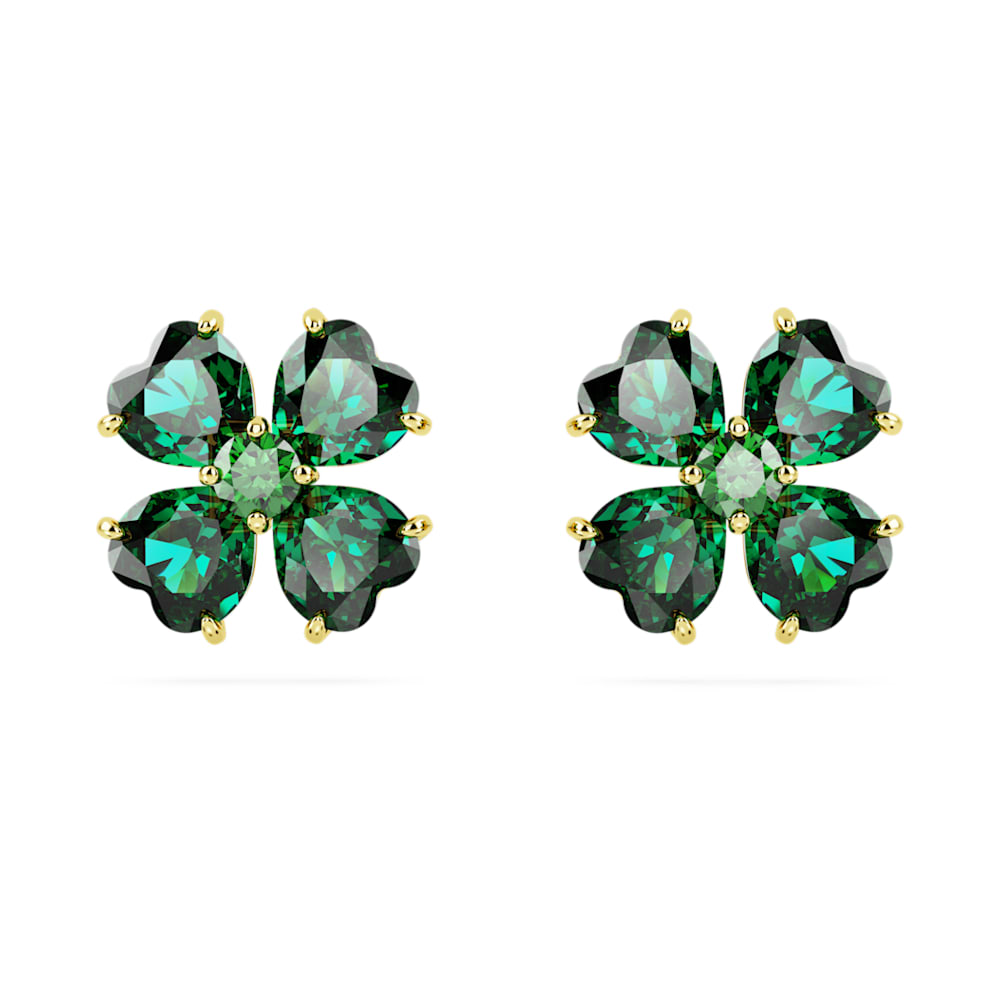 Idyllia stud earrings, Clover, Green, Gold-tone plated | Swarovski