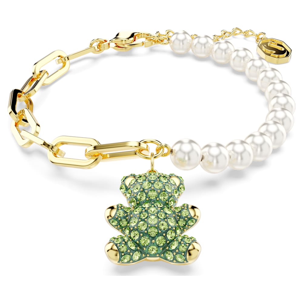 Teddy bracelet, Crystal pearl, Bear, Green, Gold-tone plated | Swarovski