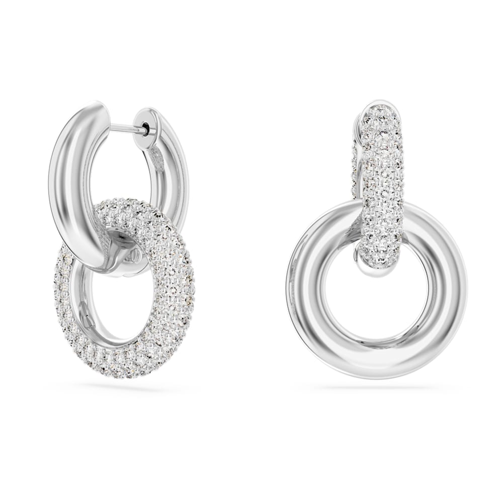 Dextera hoop earrings, Asymmetrical design, Interlocking loop, White,  Rhodium plated