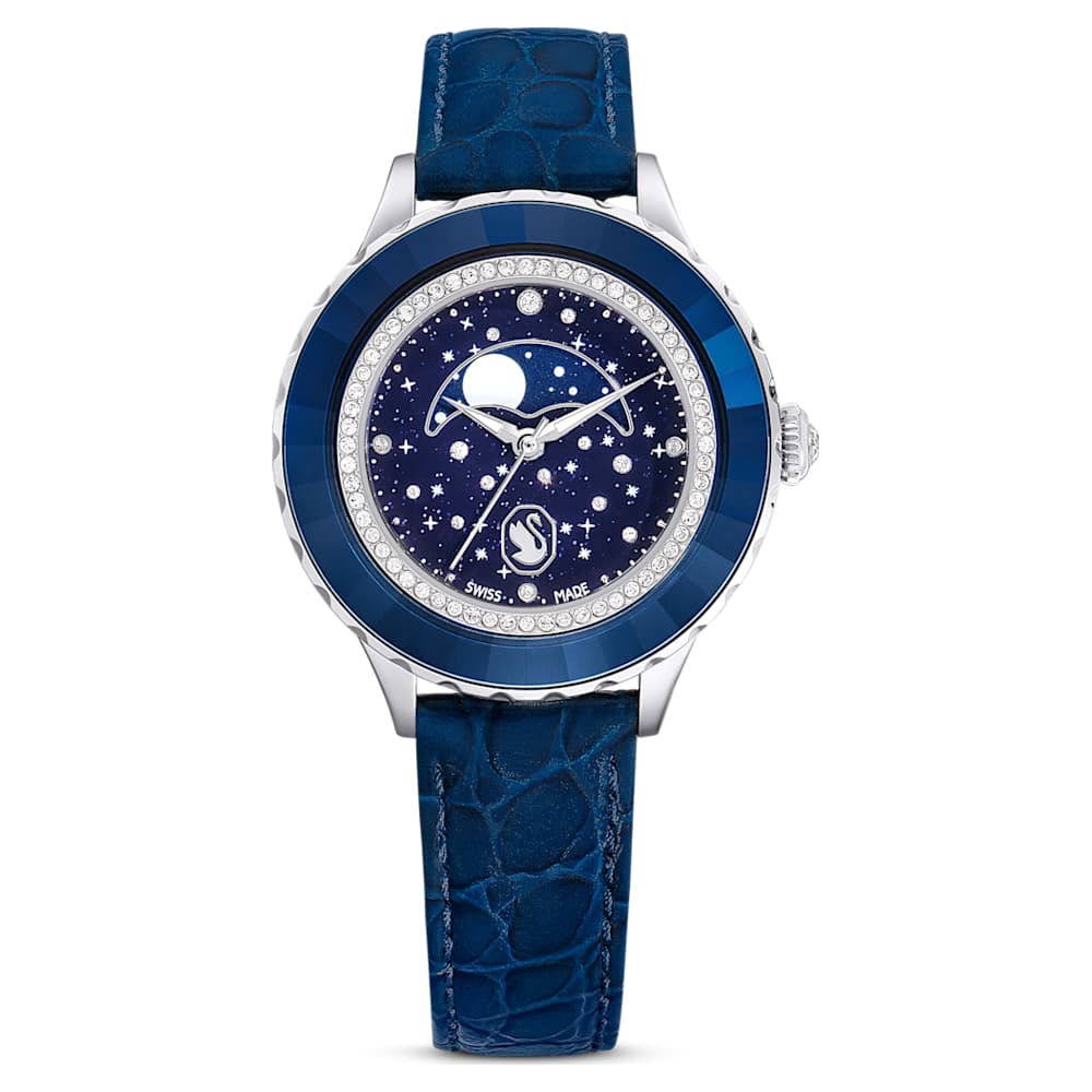 Orologio Octea Moon Fabbricato in Svizzera Luna Cinturino in pelle Blu Acciaio inossidabile
