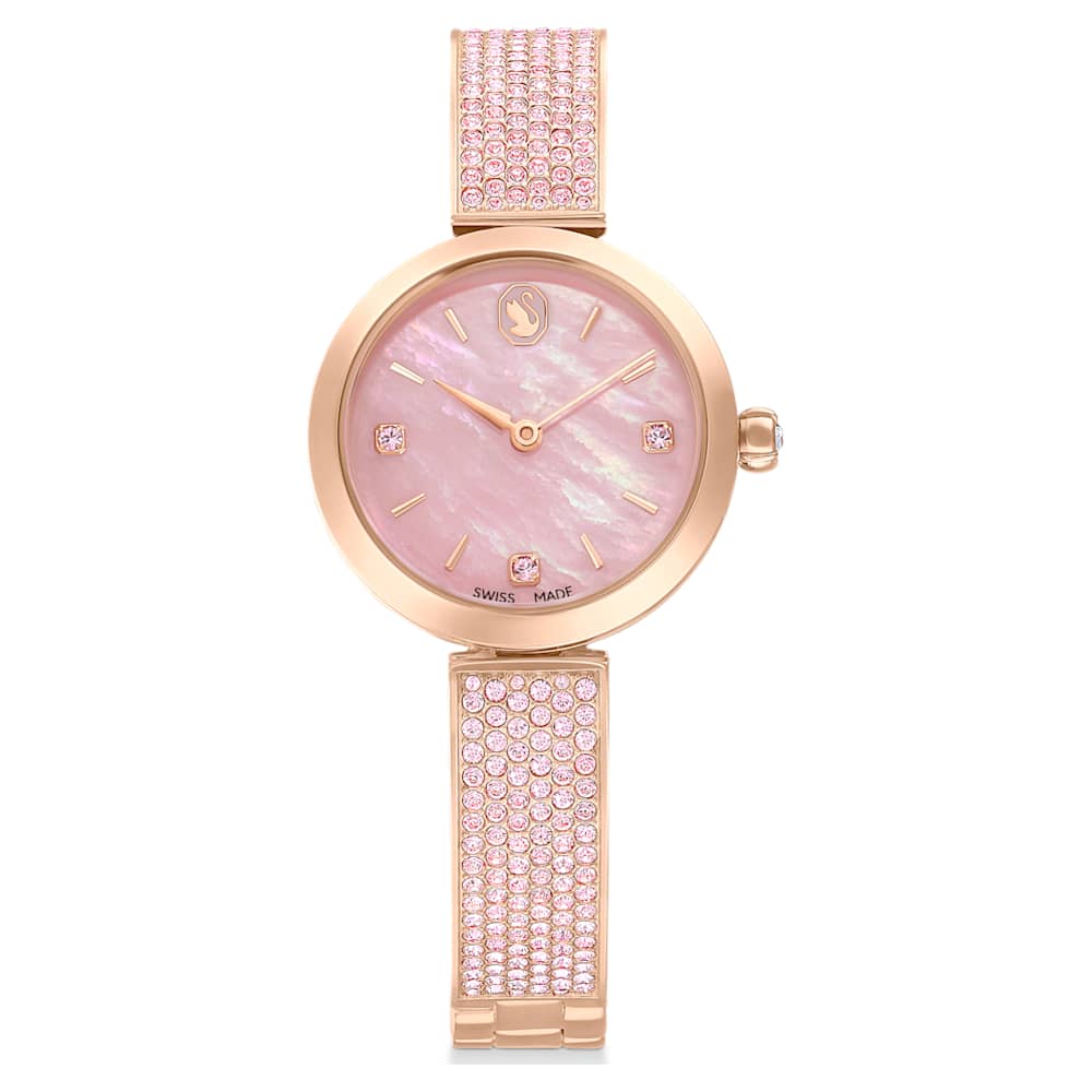 Montre Femme Quartz Luxe Avec Strass Et Fleurs | Cadran Rose, Bracelet Noir | Neuf Sans étiquette
