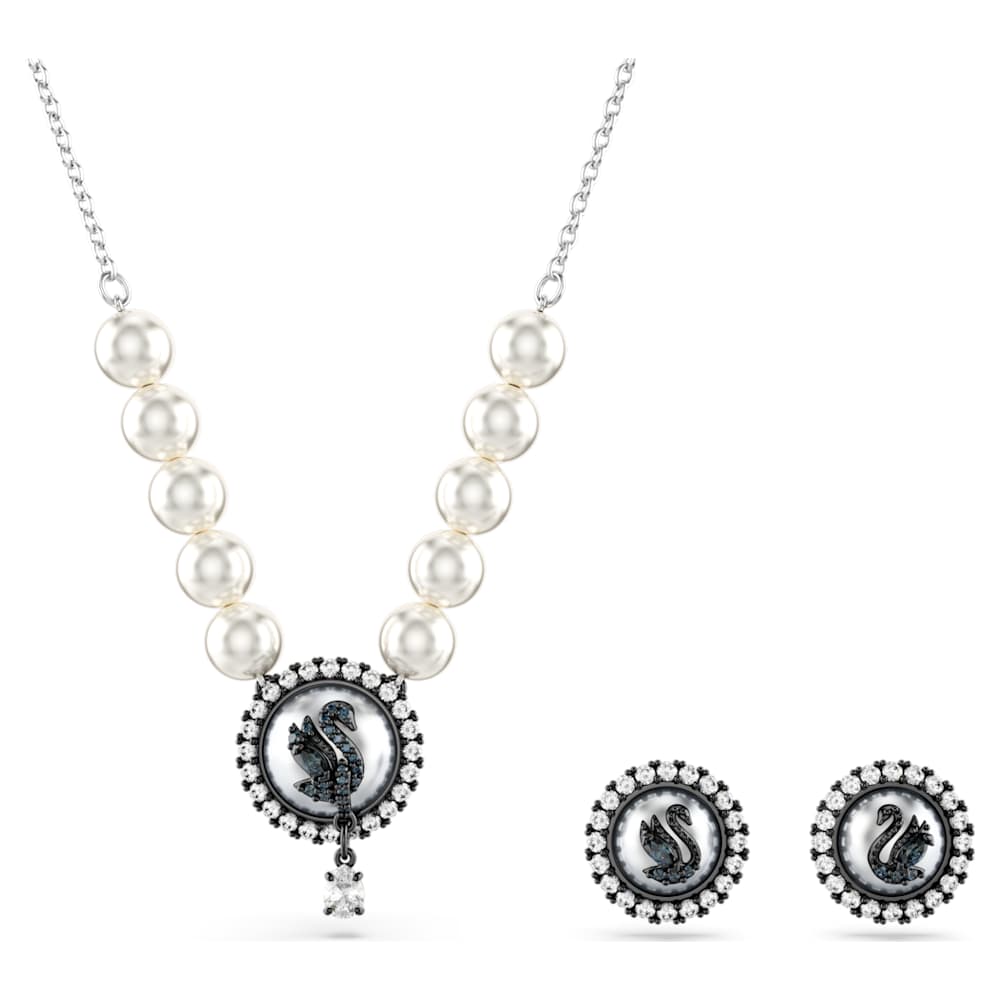 Swan set, Crystal pearl, Swan, Grey, Rhodium plated | Swarovski