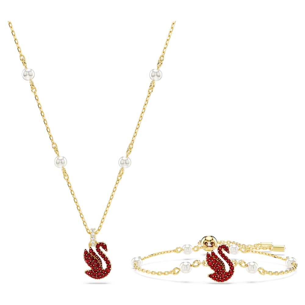 Swan set, Crystal pearl, Swan, Red, 18K gold finish | Swarovski