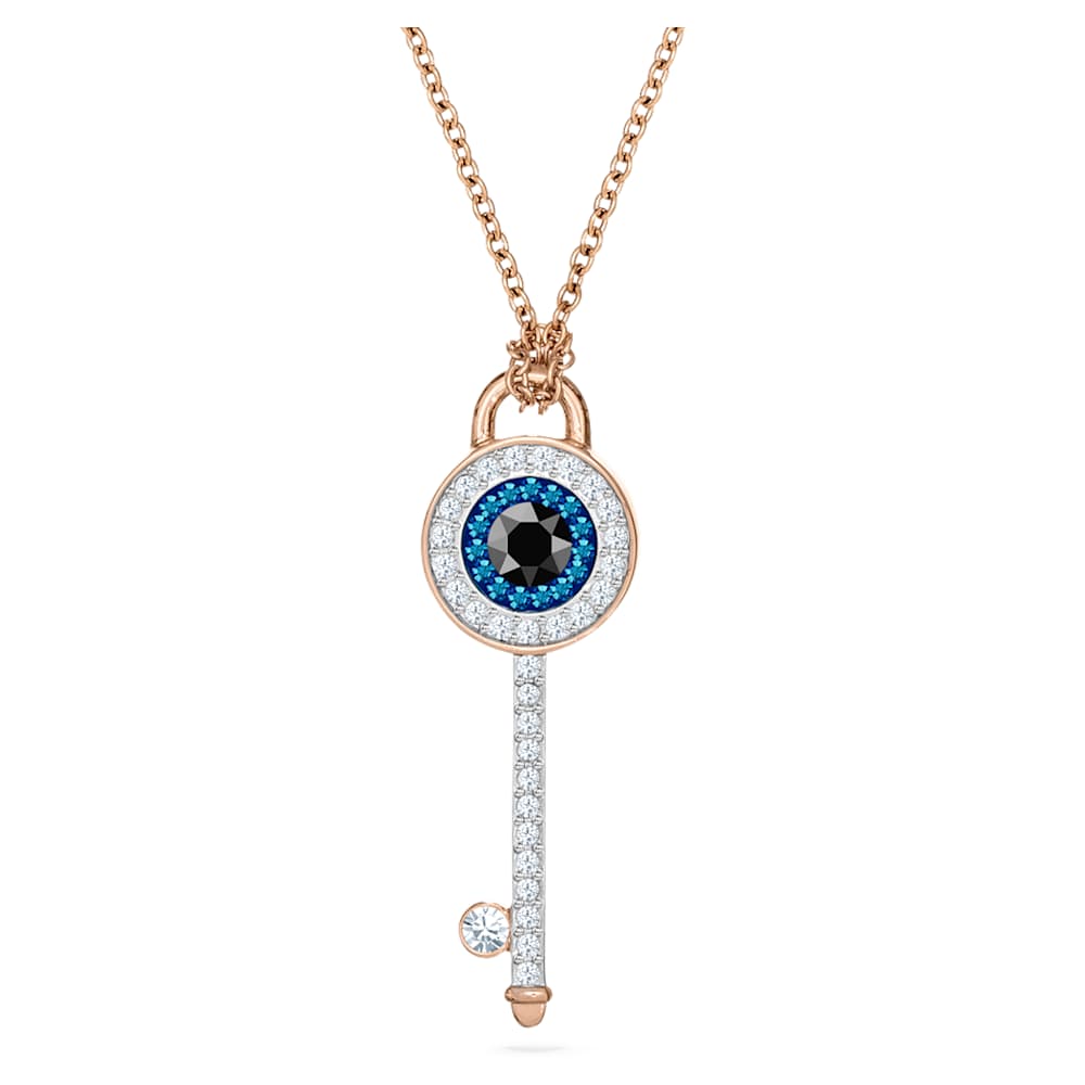 Symbolica pendant, Evil eye and key, Blue, Rose gold-tone plated