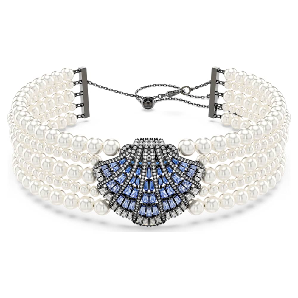 Collier Ras De Cou Femme – Papillons Gris Fumée Et Perles Bleu Nuit – Soirée – NEUF