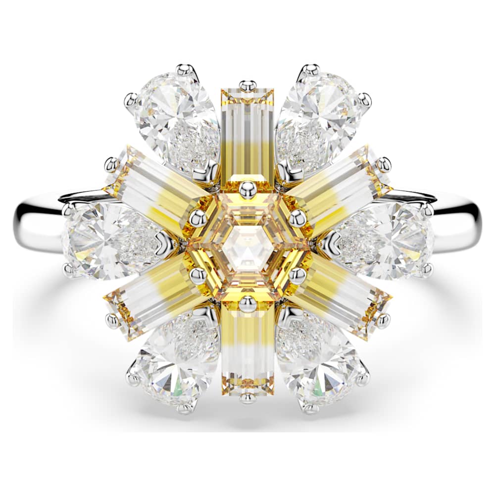 Anello cocktail Idyllia Taglio misto Fiore Giallo Placcato rodio Swarovski