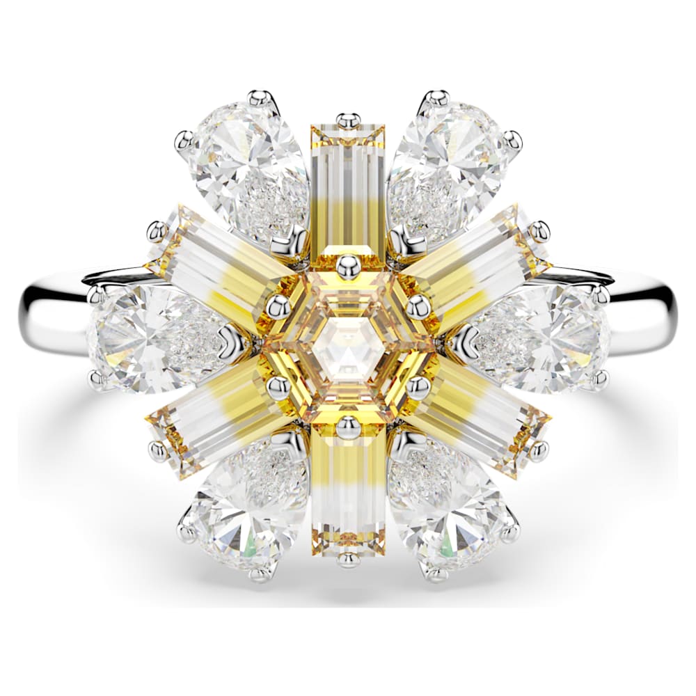 Idyllia cocktail ring, Mixed cuts, Flower, Yellow, Rhodium plated 