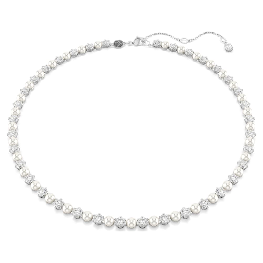 Matrix Tennis necklace, Crystal pearl, Round cut, White, Rhodium plated