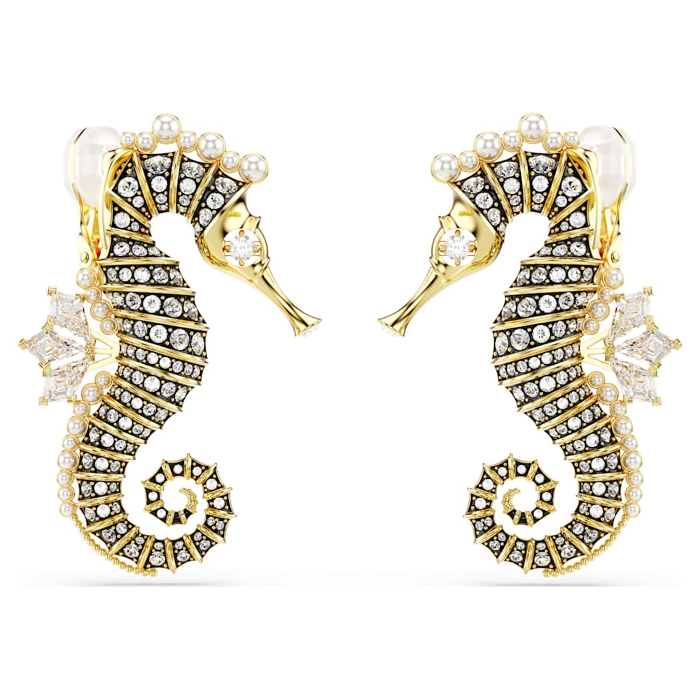 Idyllia clip earrings Crystal pearl Seahorse White Gold tone plated