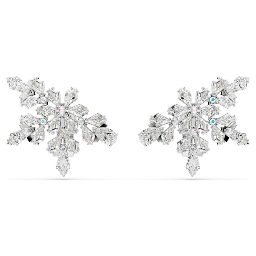 Idyllia clip earrings, Mixed cuts, Half snowflake, White, Rhodium