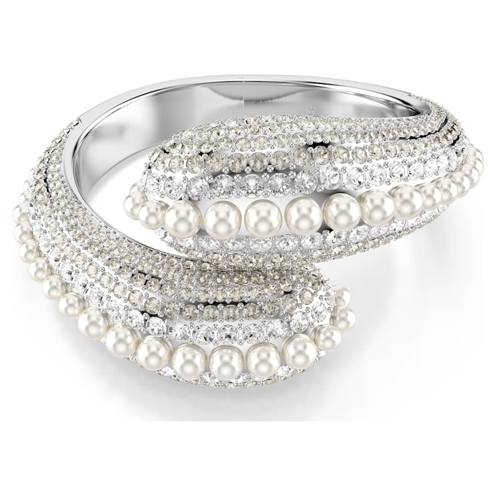 Sublima cuff, Statement, Crystal pearl, Round cut, White, Rhodium 