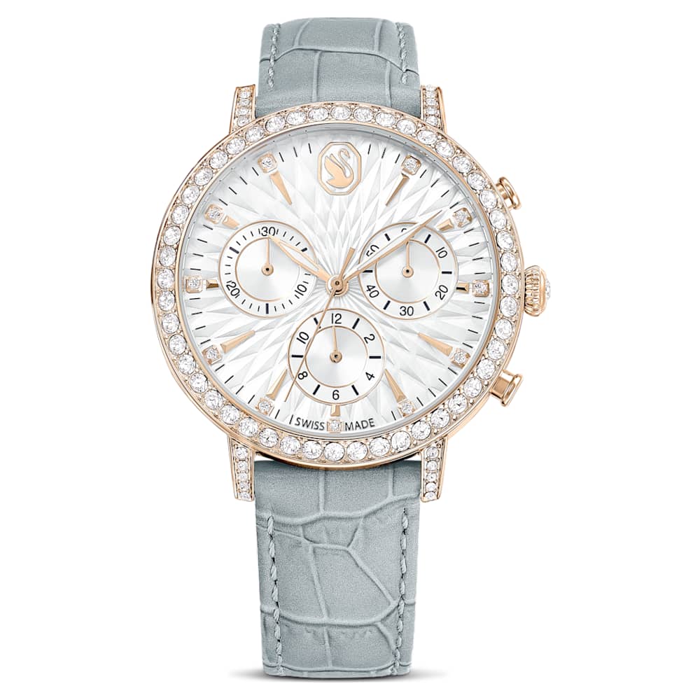 Matrix Tennis Chrono watch, Swiss Made, Leather strap, Gray, Champagne  gold-tone finish