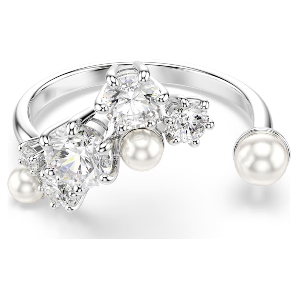 Constella open ring, Crystal pearl, Round cuts, White, Rhodium plated