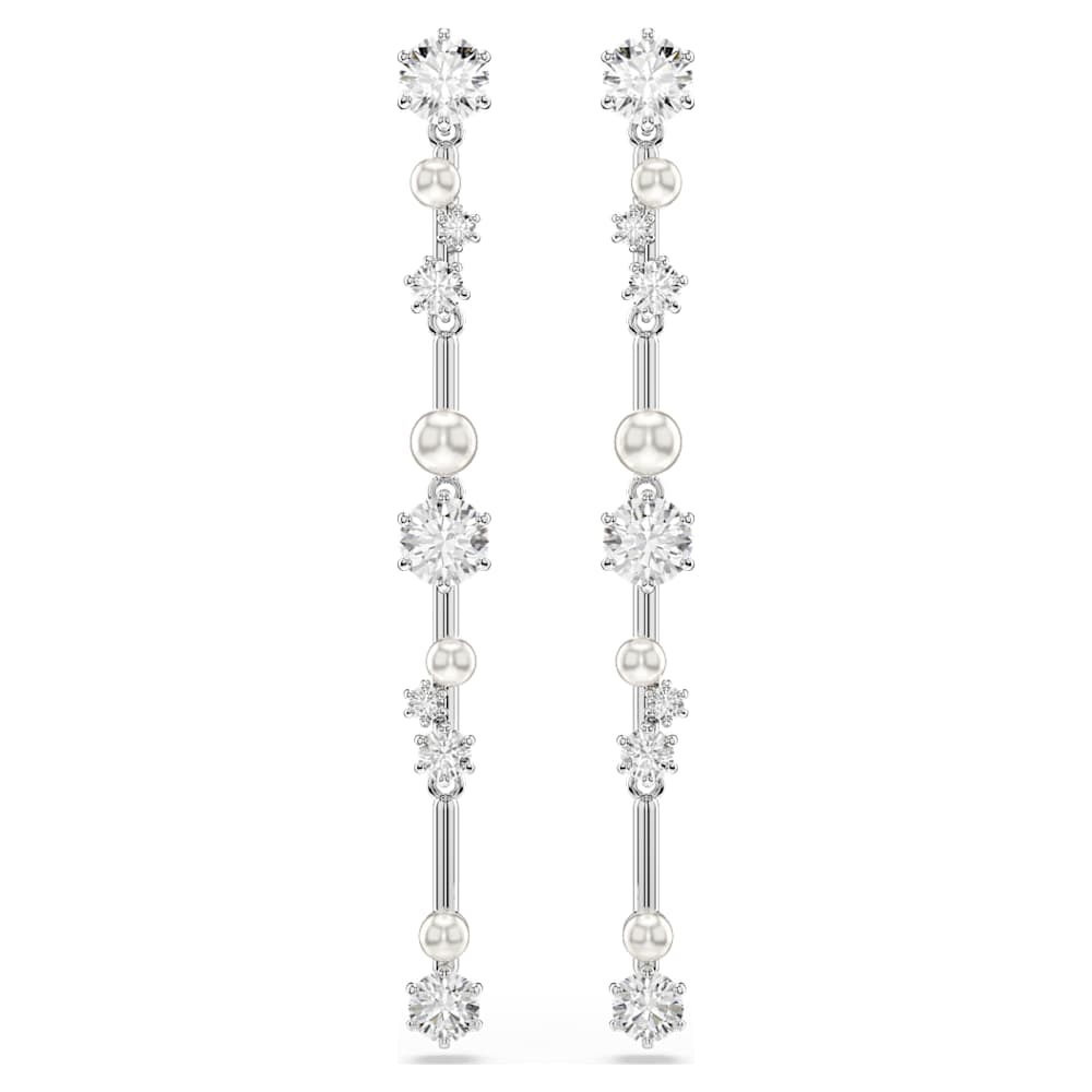Constella drop earrings, Crystal pearl, Round cuts, White, Rhodium