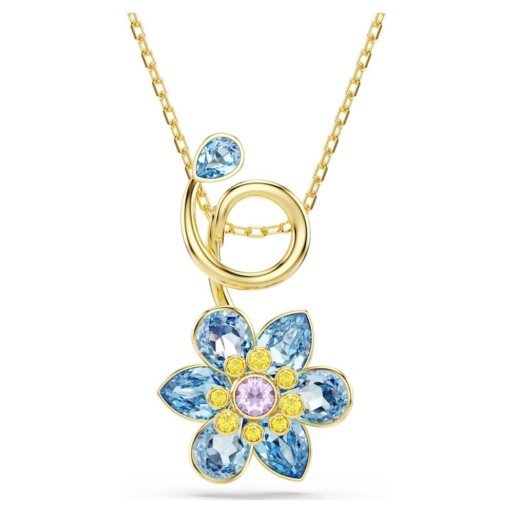 Idyllia pendant, Mixed cuts, Flower, Blue, 18K gold finish | Swarovski