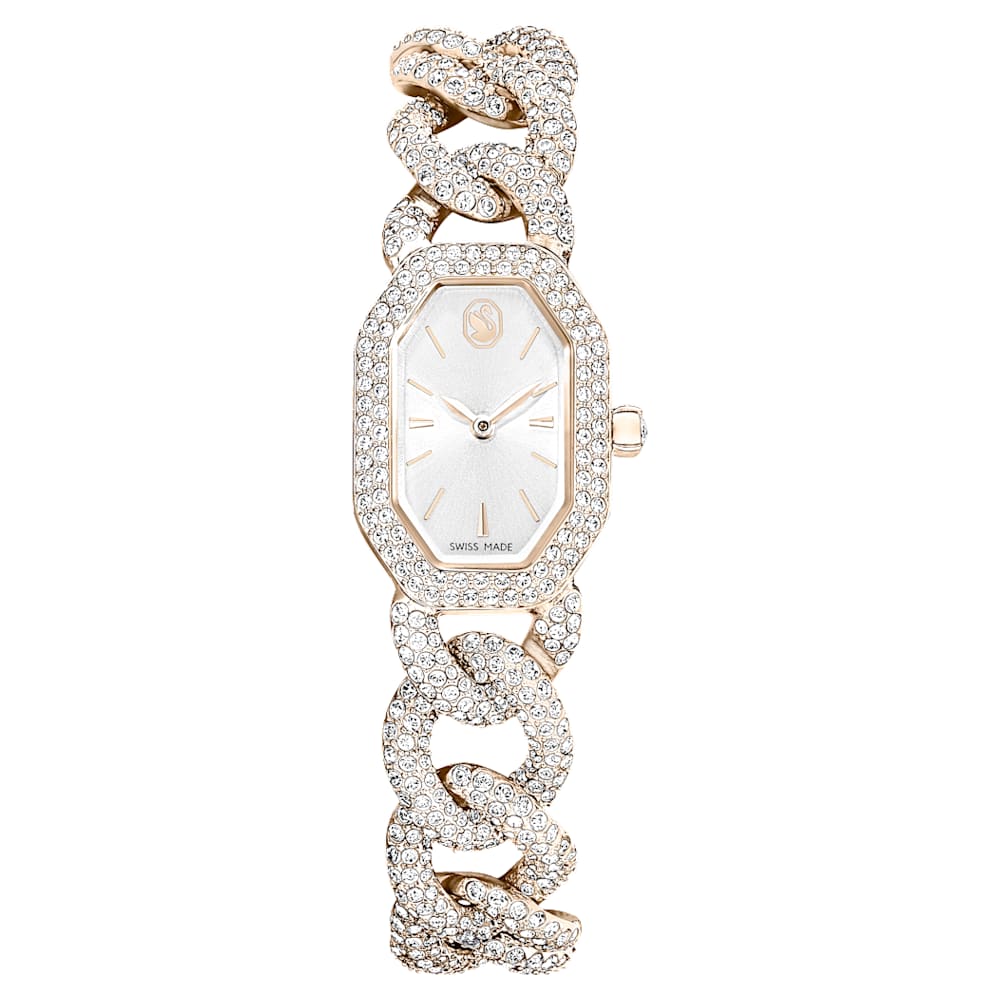 Dextera Chain watch, Swiss Made, Crystal bracelet, White, Champagne  gold-tone finish