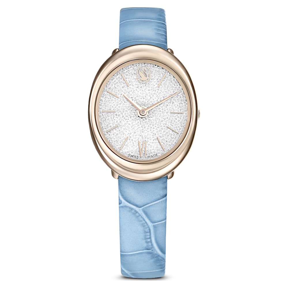 Imber oval watch, Swiss Made, Leather strap, Blue, Champagne gold