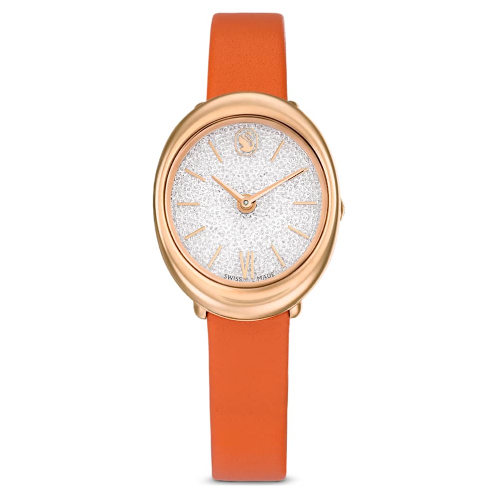 Imber oval watch, Swiss Made, Leather strap, Orange, Rose gold