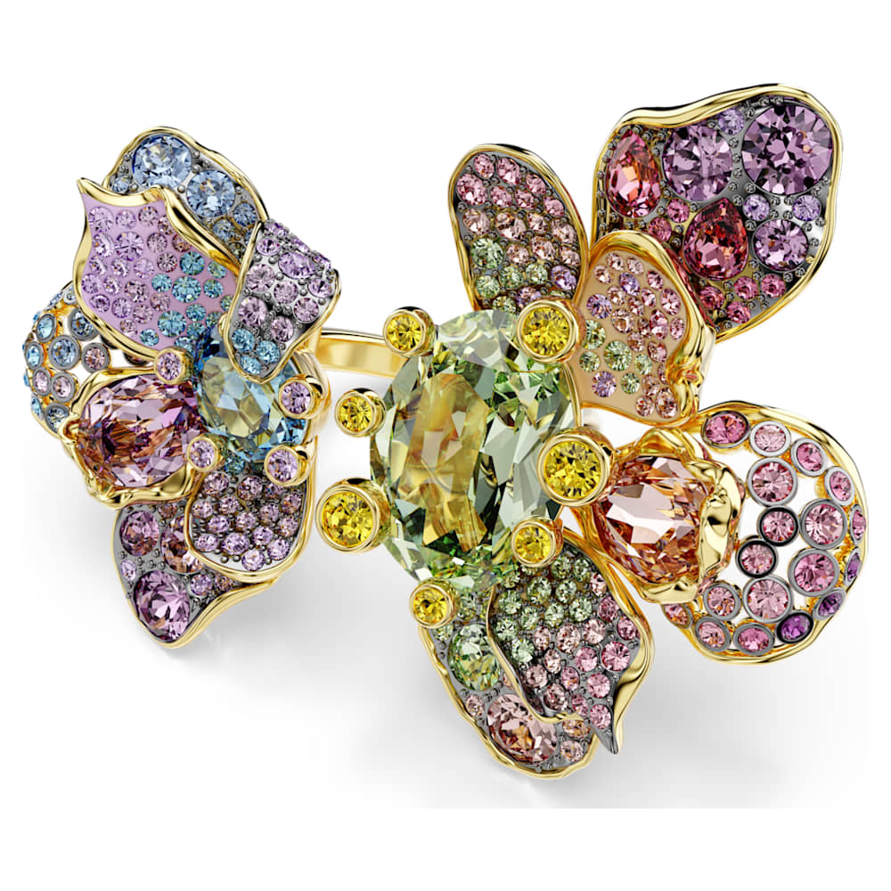 Idyllia ring, Mixed cuts, Pavé, Flower, Multicolored, Gold-tone plated