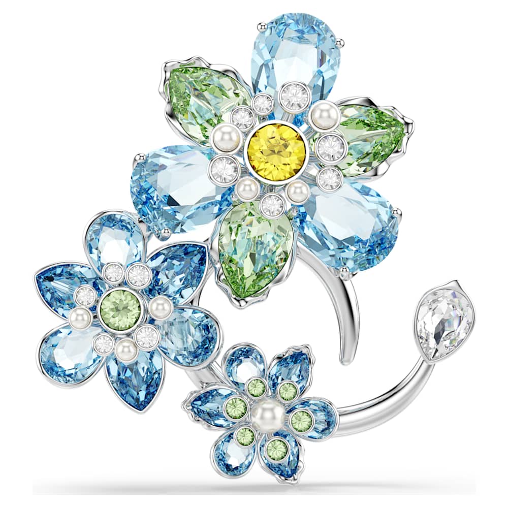 Idyllia brooch, Mixed cuts, Flower, Blue, Rhodium plated | Swarovski