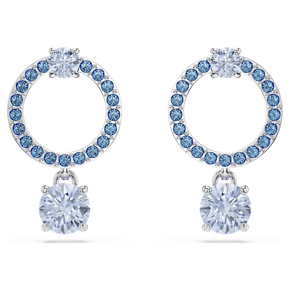 Attract drop earrings, Round cut, Blue, Rhodium plated | Swarovski