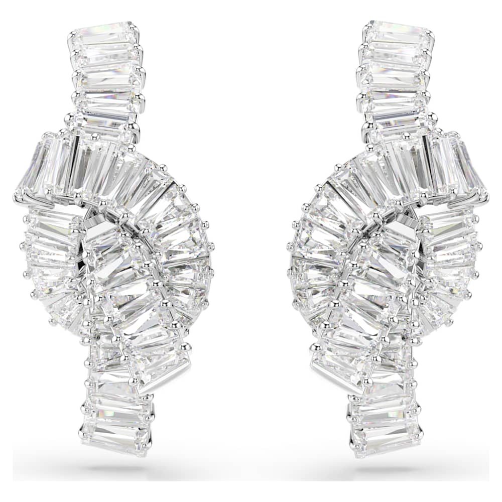 Matrix earrings, Baguette cut, Knot, White, Rhodium plated | Swarovski