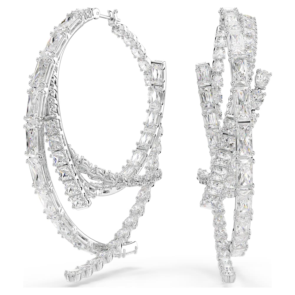 Matrix hoop earrings, Mixed cuts, White, Rhodium plated | Swarovski