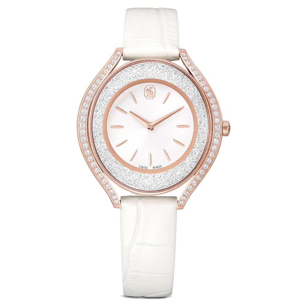 Crystalline aura watch, Swiss Made, Leather strap, White, Rose