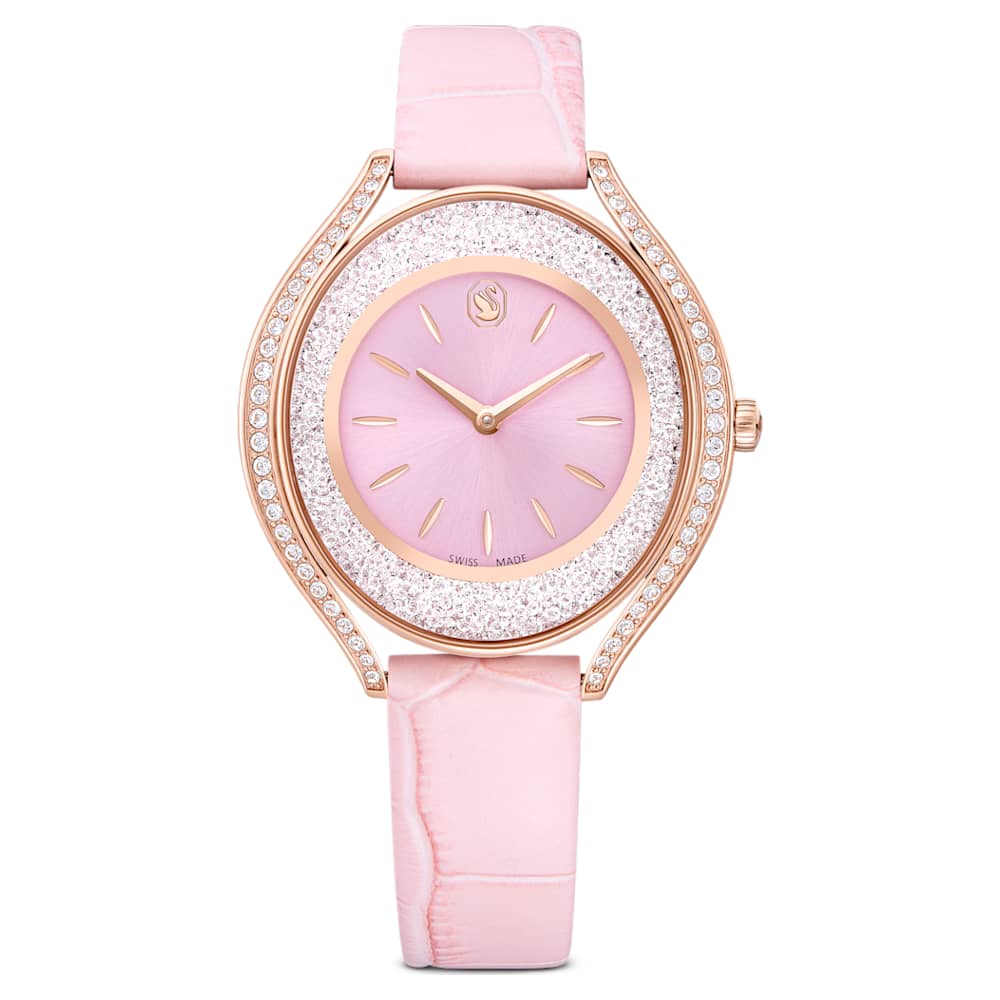 Crystalline aura watch, Swiss Made, Leather strap, Pink, Rose gold