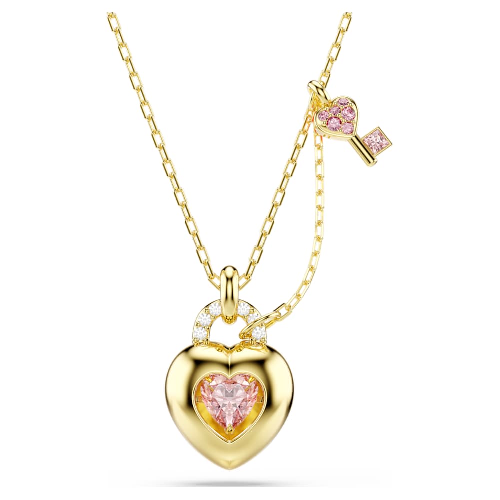 Idyllia pendant, Mixed cuts, Heart, Key, Pink, Gold-tone plated