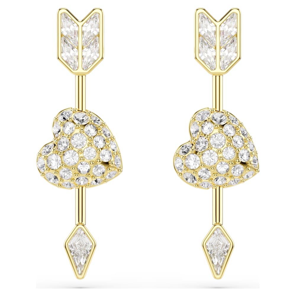 Idyllia ドロップピアス, ミックスカット, ハートと矢, ホワイト, 18K