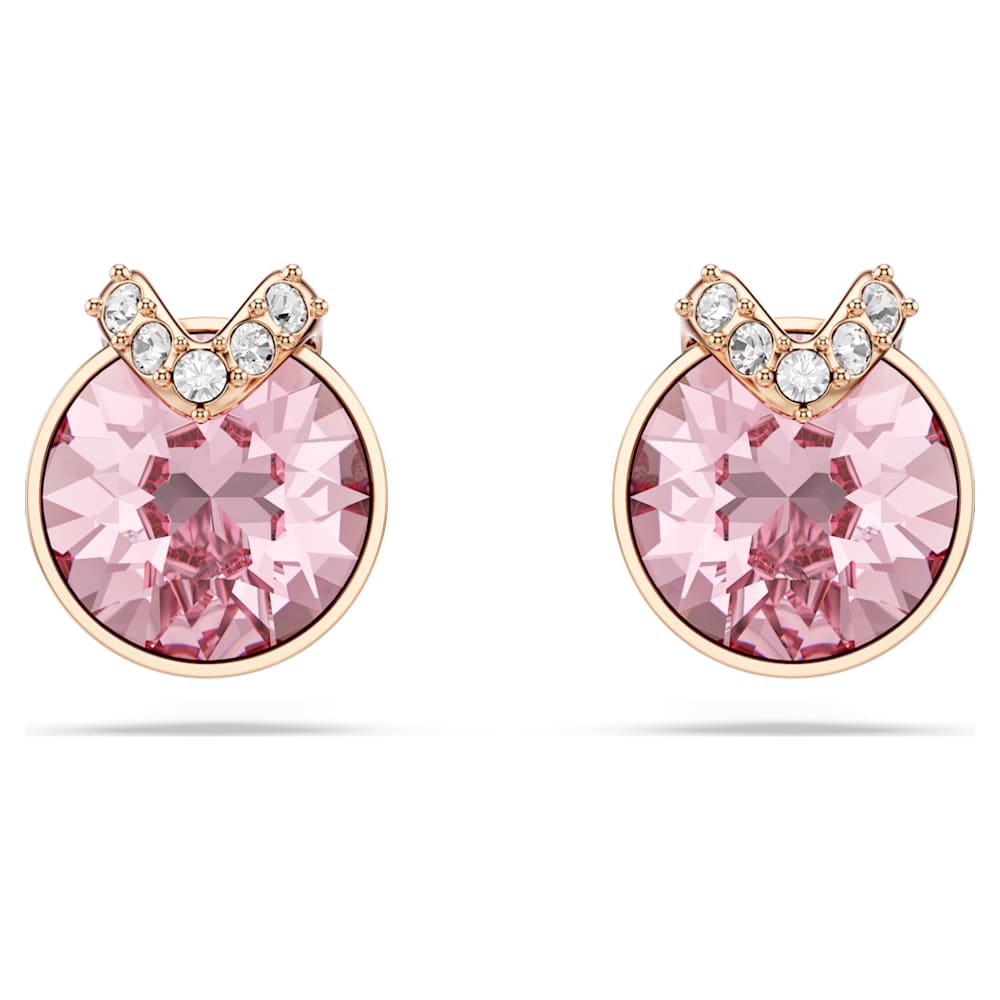 Bella V stud earrings, Round cut, Pavé, Pink, Rose gold-tone