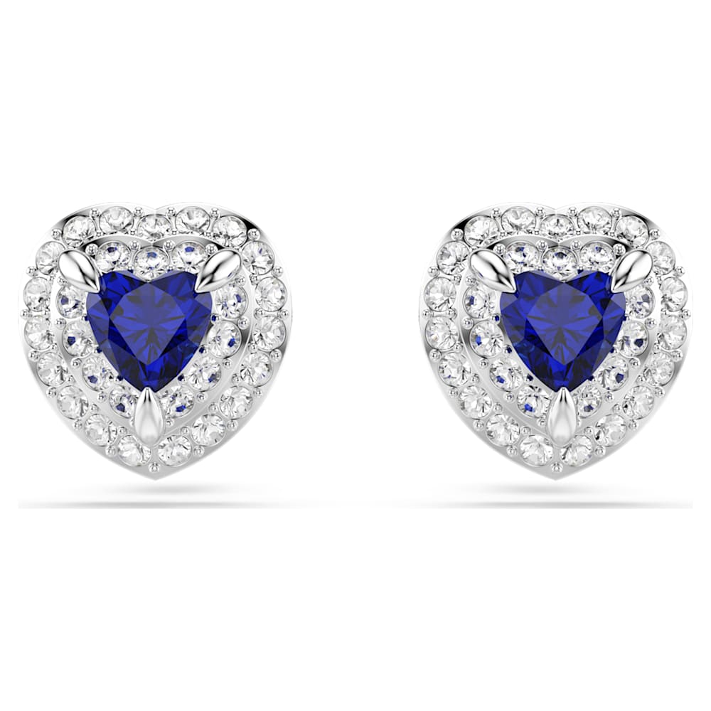 One stud earrings, Heart cut, Pavé, Heart, Blue, Rhodium plated