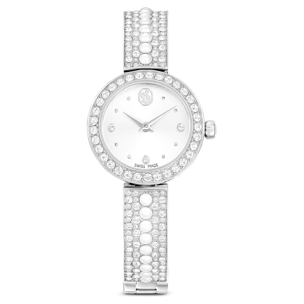 Matrix pearl bangle watch, Swiss Made, Crystal bracelet, White