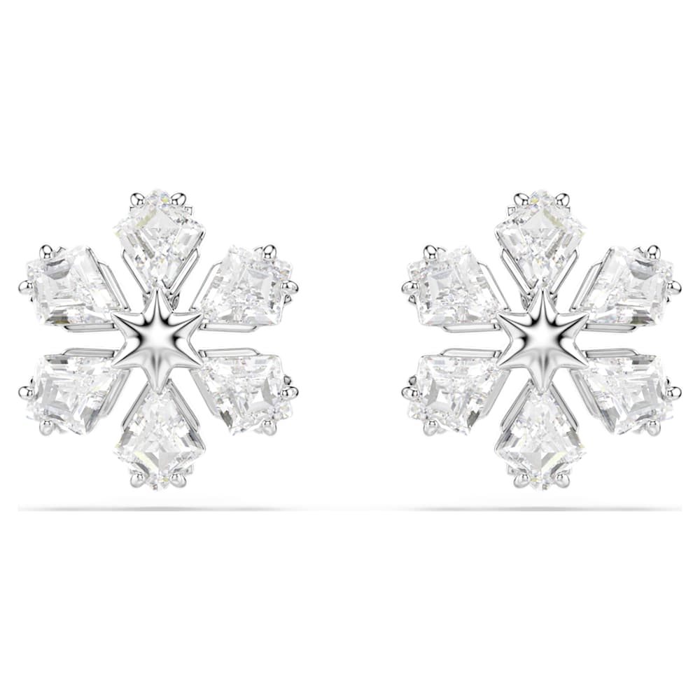 Idyllia stud earrings, Mixed cuts, Snowflake, White, Rhodium
