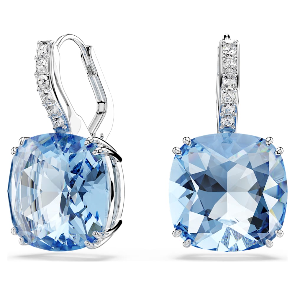 Millenia drop earrings, Cushion cut, Blue, Rhodium plated | Swarovski