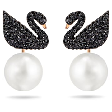 스와로브스키 Swarovski Iconic Swan earring jackets, Swan, Black, Rose gold-tone plated