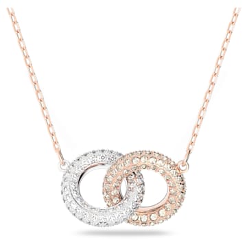 Swarovski Stone necklace, Intertwined circles, White, Rose gold-tone plated