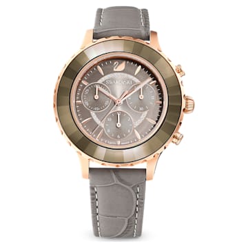 SWAROVSKI 施華洛世奇 - Octea Lux Chrono 手錶 瑞士製造, 真皮錶帶, 灰色, 玫瑰金色潤飾