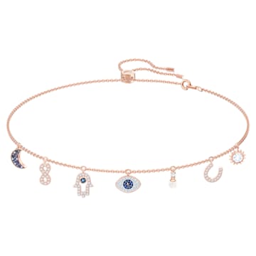 스와로브스키 Swarovski Symbolic necklace, Moon, infinity, hand, evil eye and horseshoe, Blue, Rose gold-tone plated