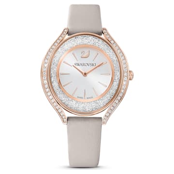 SWAROVSKI 施華洛世奇 - Crystalline Aura 手錶 瑞士製造, 真皮錶帶, 灰色, 玫瑰金色潤飾