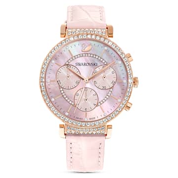 스와로브스키 Swarovski Passage Chrono watch, Swiss Made, Leather strap, Pink, Rose gold-tone finish