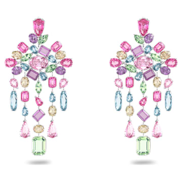 스와로브스키 Swarovski Gema clip earrings, Mixed cuts, Chandelier, Extra long, Multicolored, Rhodium plated