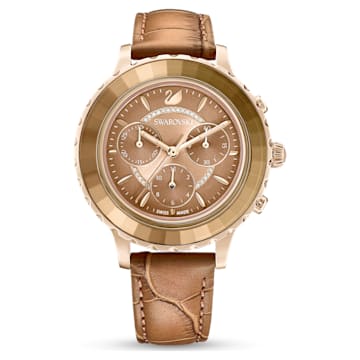 스와로브스키 Swarovski Octea Lux Chrono watch, Swiss Made, Leather strap, Brown, Gold-tone finish