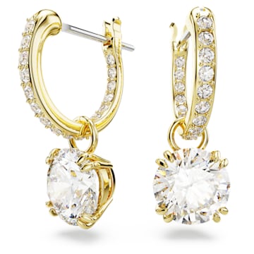 스와로브스키 Swarovski Constella drop earrings, Round cut, White, Gold-tone plated
