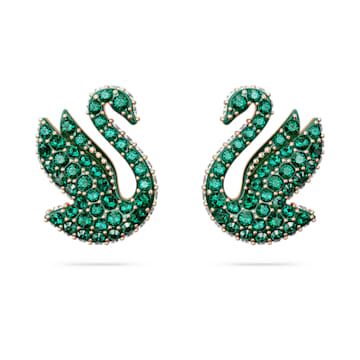 스와로브스키 Swarovski Iconic Swan stud earrings, Swan, Green, Rose gold-tone plated
