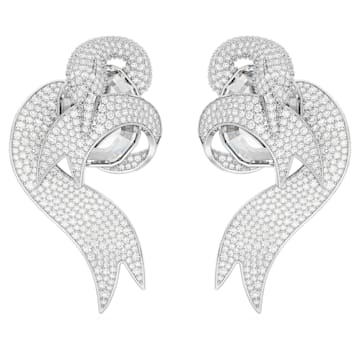 Swarovski Fashion Swan clip earrings, Asymmetrical design, Swan, White, Rhodium plated